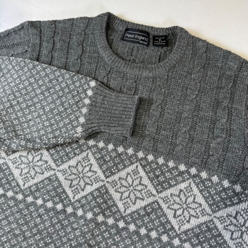 Vintage Peter England Sweater Mens Med Fair Isle Snowflake Cable Knit Acrylic